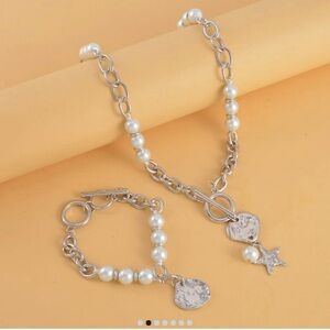 Simulated Pearl, Enameled Nugget and Star Charm Necklace